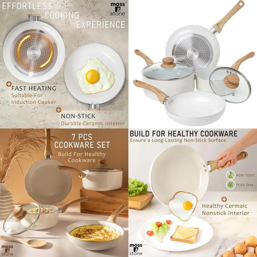 

6-Piece White Nonstick Cookware Set with Glass Lids, Induction Compatible, Cool-Touch Handles, Including Frying Pans and Saucepa