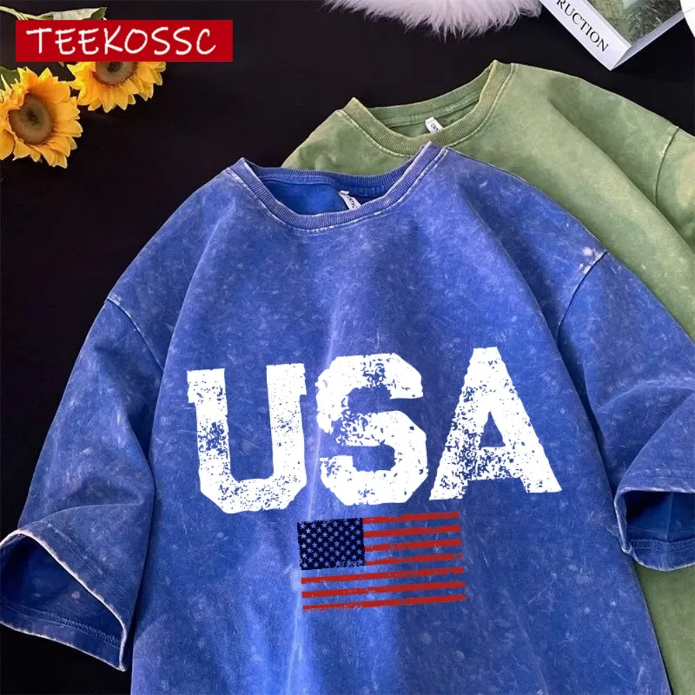 Usa Brief Amerikanische Flagge Gedruckt Gewaschen T-Shirt Männer Sommer Baumwolle T Shirts Oansatz Lose Kleidung Farbe Unisex Kurzarm