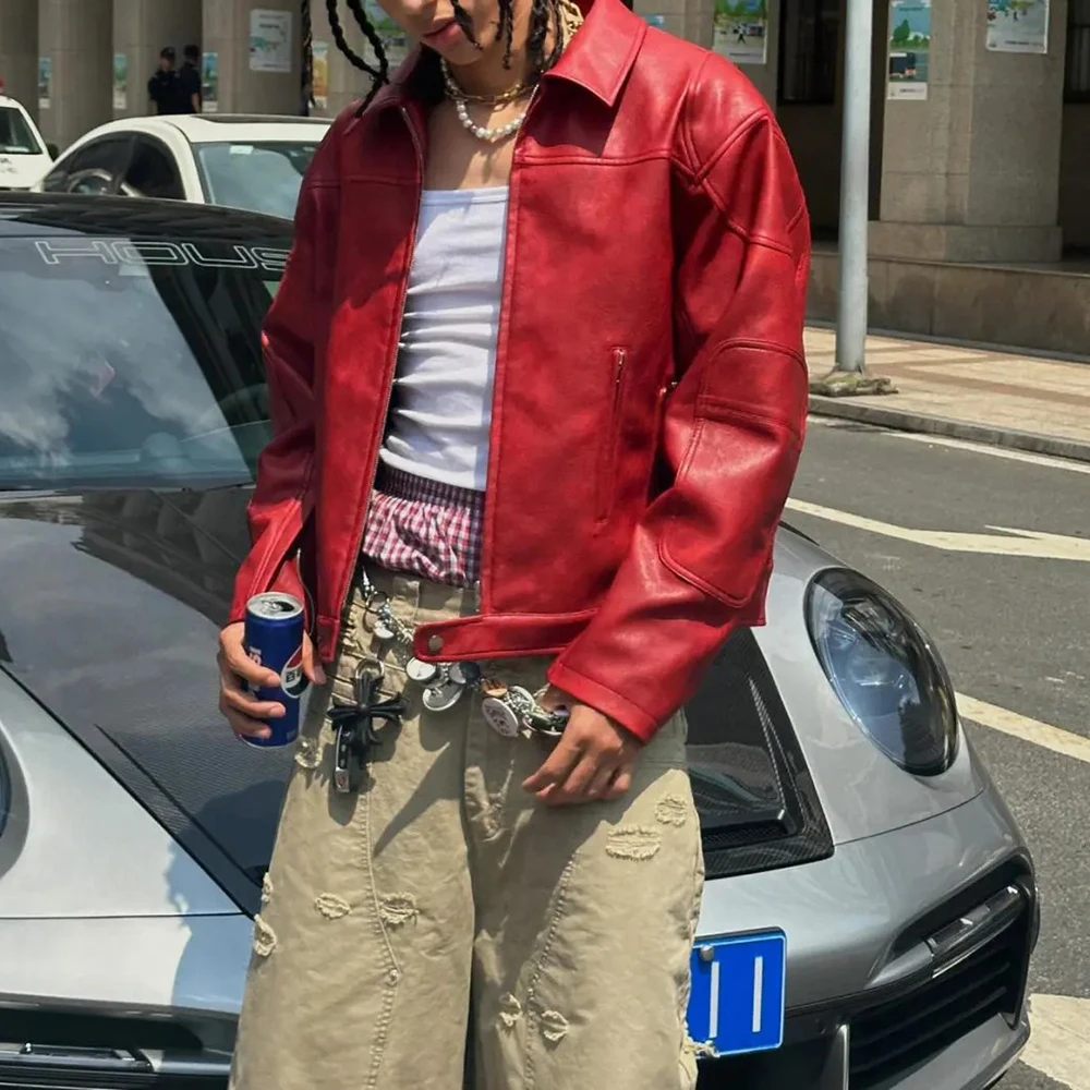 Men's Red Long-Sleeved Leathe - огляд і ціна Street Fashion Trends 2026