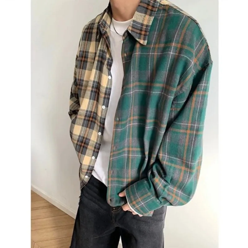 EBAIHUI Yellow Green Checkered Men's Shirt Contrasting Colors Irregular Lapel Long Sleeved Top Japanese Retro Loose Male Coat