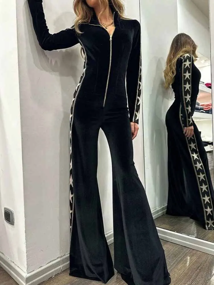 

Женский бархатный комбинезон с принтом BKQU, осенняя мода 2025 года, полуводолазка на молнии, расклешенный комбинезон с длинными рукавами, элегантная уличная одежда