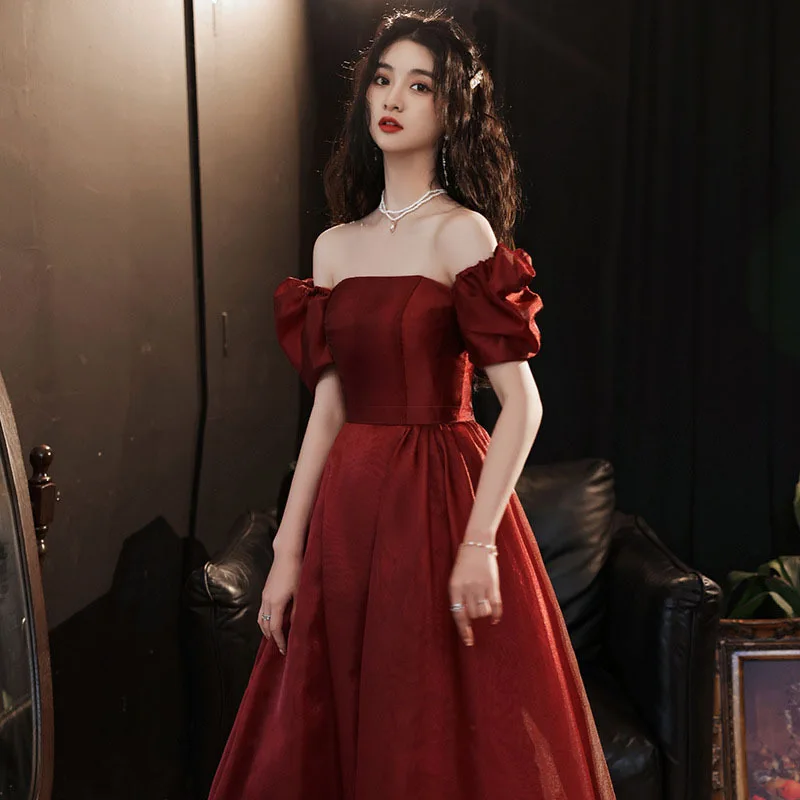 Women Puff Sleeve Square Collar Puff Sleeve Casual Summer Dress Formal Birthday Party vestidos Burgundy Simple Prom Dress