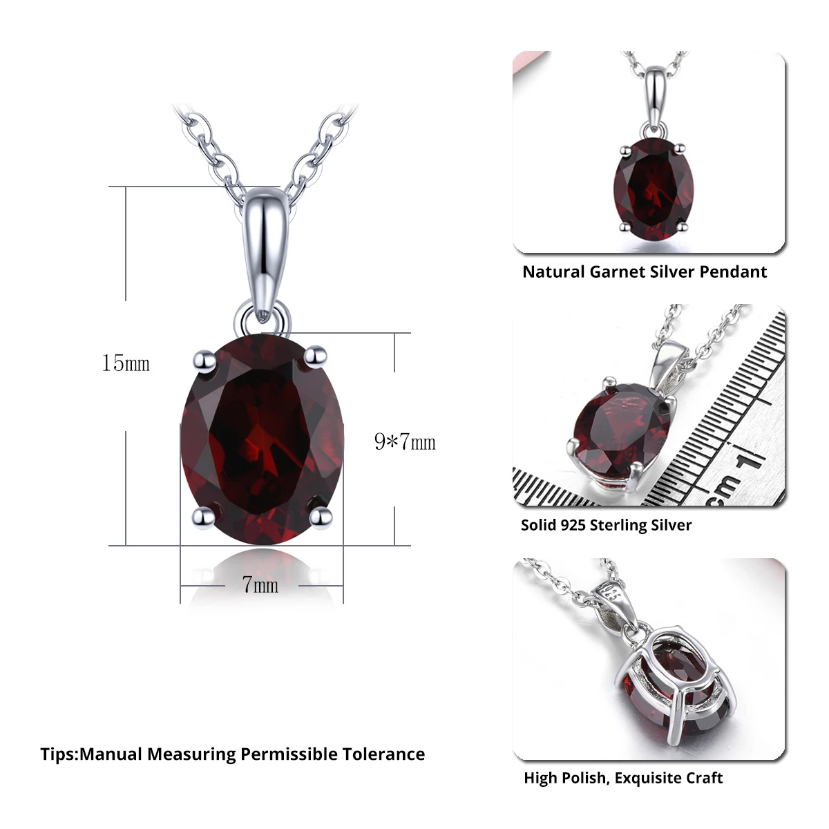 Natural Red Garnet Sterling Silver Pendants 2.1 Carats Genuine Garnet Gemstone S925 Fine Jewelry Classic Design Daily Style