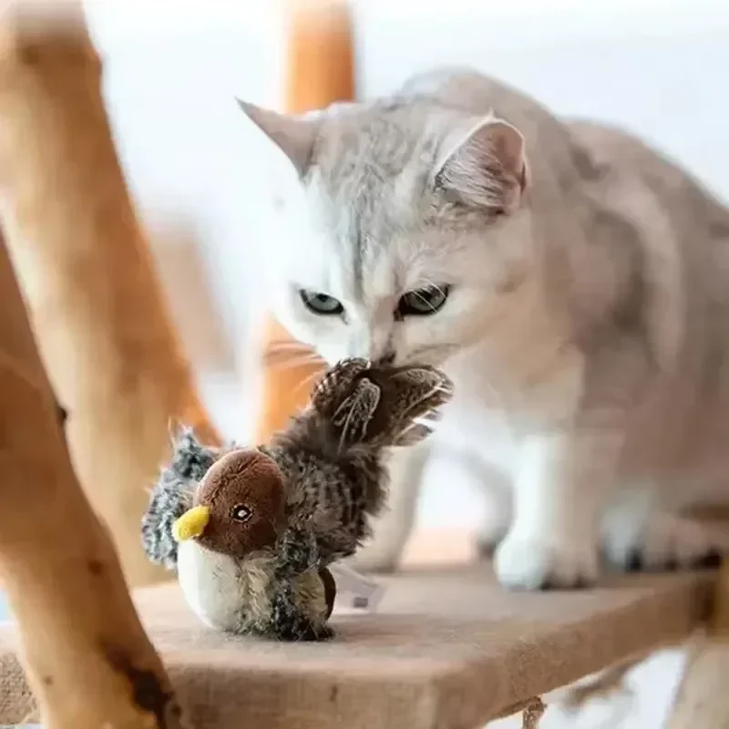 1 Stück interaktives elektronisches Katzenspielzeug, automatisches zwitschernde Vogelspielzeug, quietschend mit Federschwanz, Melodie-Chaser-Spielzeug zum Spielen von Katzen