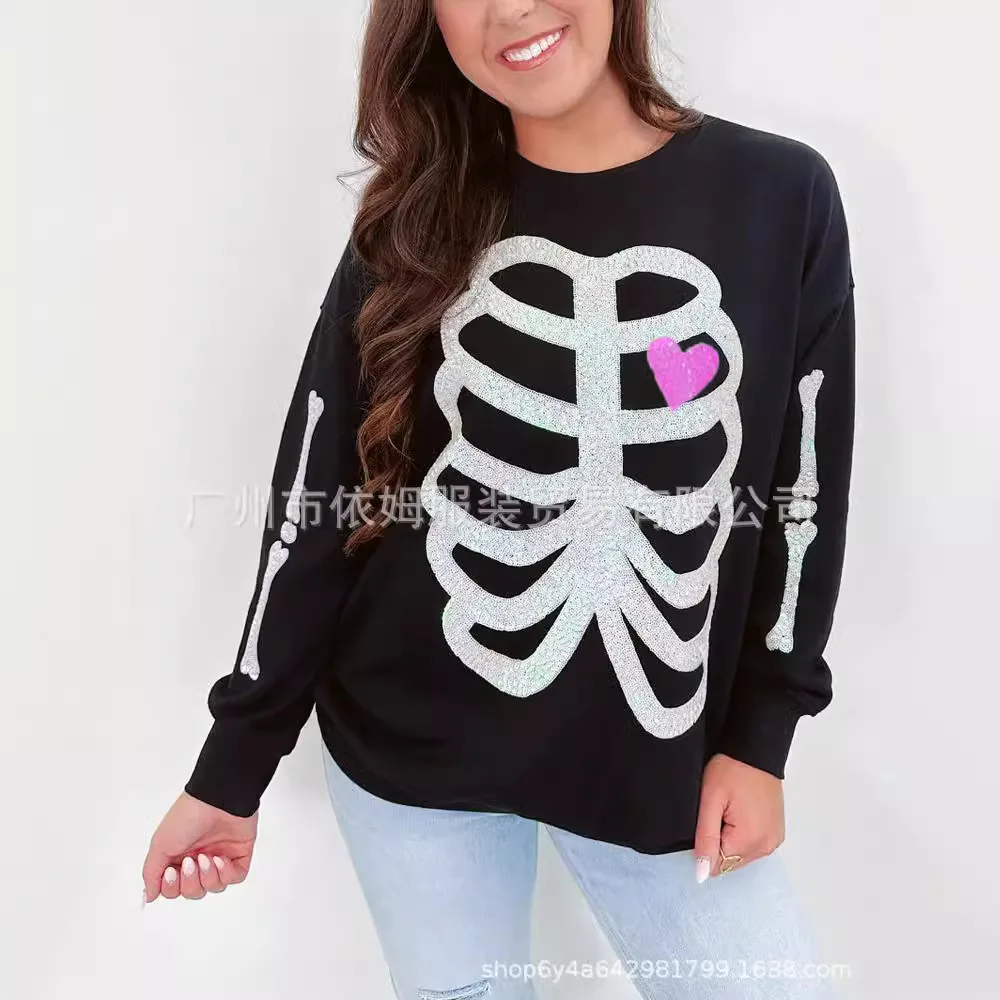 

Women's Autumn Winter Long Sleeve Halloween Skeleton Print Sequin Pullover Sweater European Style Casual Knit Top