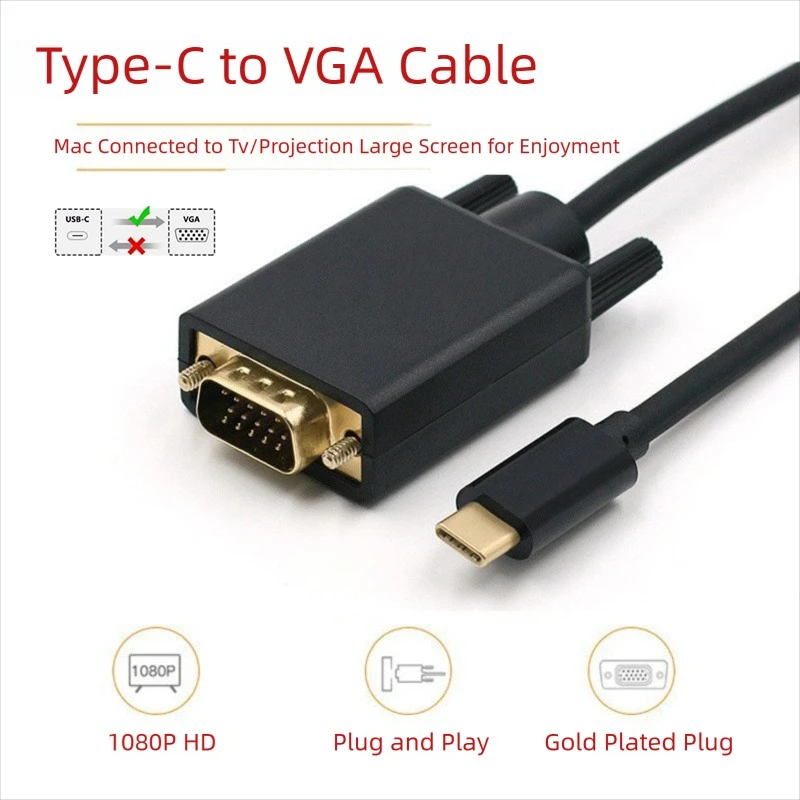 Adaptador USB C a VGA Cable USB tipo C a VGA para Apple Macbook Air Macbook Pro Cable de entrada USB-C a salida VGA hasta 1080P