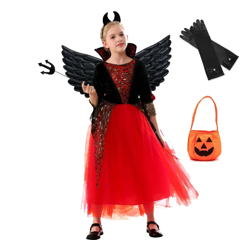 Halloween Vampire Costume Deluxe Carnival Party Black Trailing Mesh Dress Kids Cosplay Demon For Girls Boys Clothes Suit