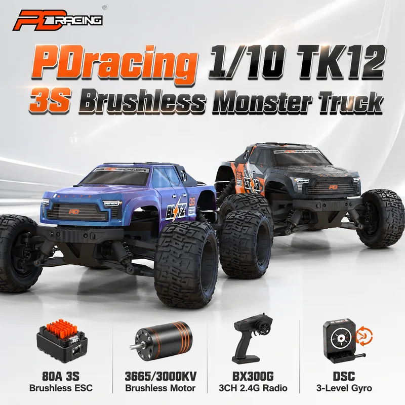 New PDracing TK12 1/10 Brushless Remote Control 4WD High-speed Off-road Monster truck 3CH RC Electric Model With DSC 3-gear Gyro