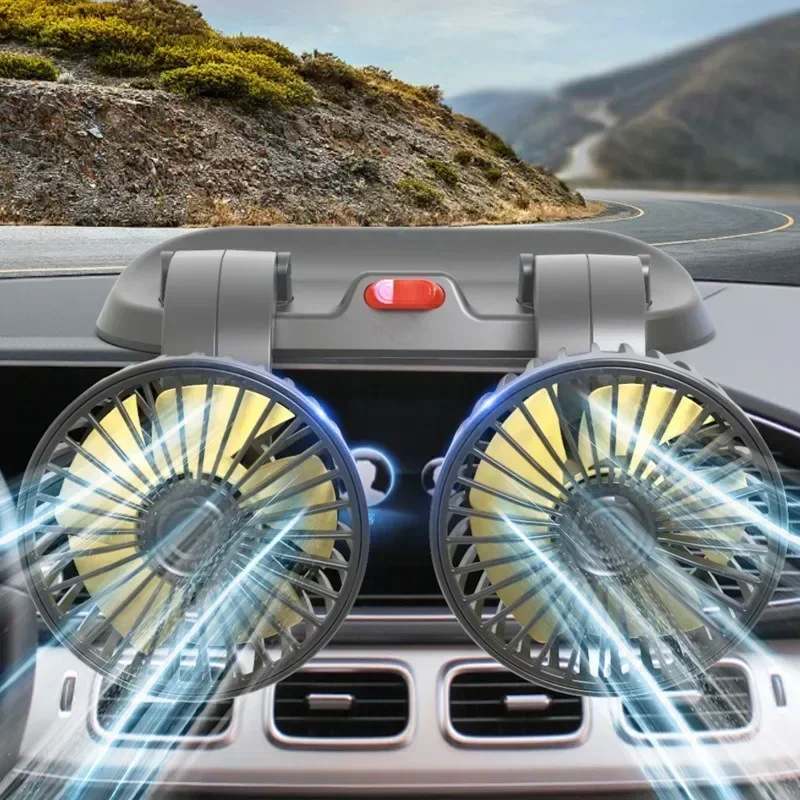 Auto-Lüfter, USB/12 V/24 V, Doppelkopf, verstellbar, 360° °   Elektrischer Auto-Ventilator, leiser, multifunktionaler, temporärer Parkkarten-Autoventilator mit 2 Geschwindigkeiten