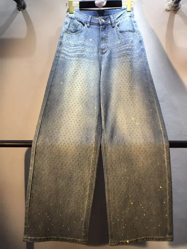 Full Diamonds Hot Drilling Straight Jeans for Women New Spring Autumn All-match High Waist Wide Leg Pants Female Casual Trousers