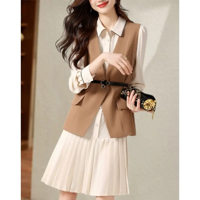 2023 Spring Autumn Women Mini Dress Vest Two Piece Sets Korean Office Lady Graceful Slim Belt Dresses Suit Tank Jacket Outfits