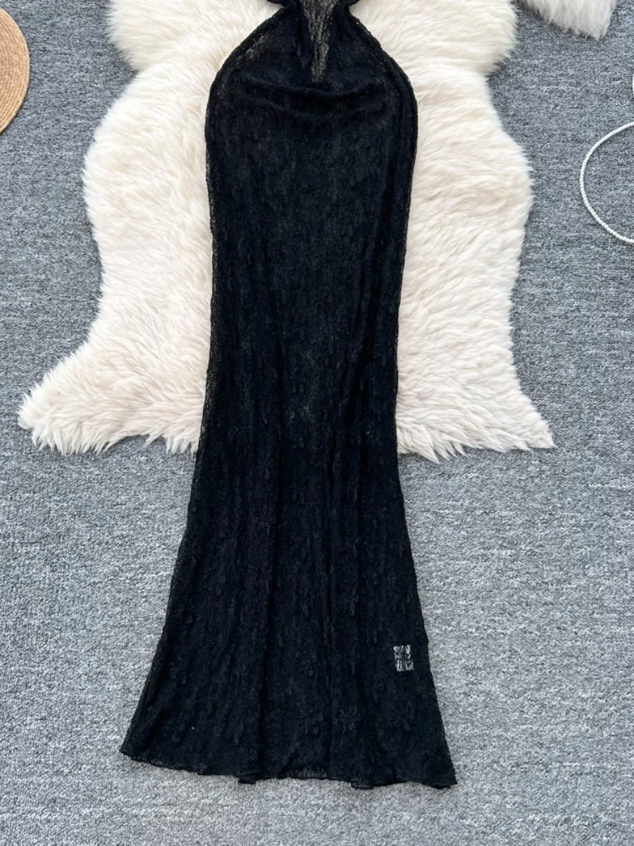 Foamlina verano malla encaje Sexy espalda descubierta ajustado elegante único Maxi vestido europeo chica caliente Halter vestido largo ajustado