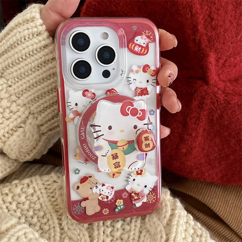 

Korea Cute Cartoon Bear Hello Kitty Cat Magsafe Wireless Charge Phone Case For iPhone 16 15 14 13 Pro Max 3D KT Magnetic Holder
