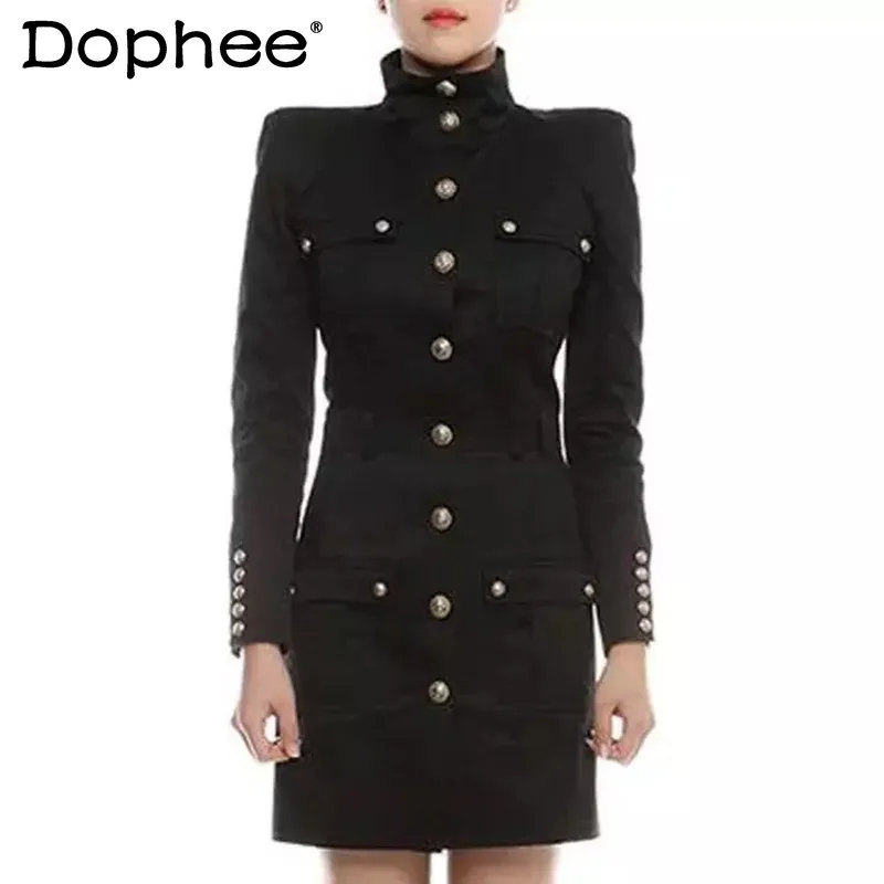 White High Collar Single-Breasted Slim Dress for Women 2023 Spring and Autumn New Versatile Long Sleeves Black Dresses Female