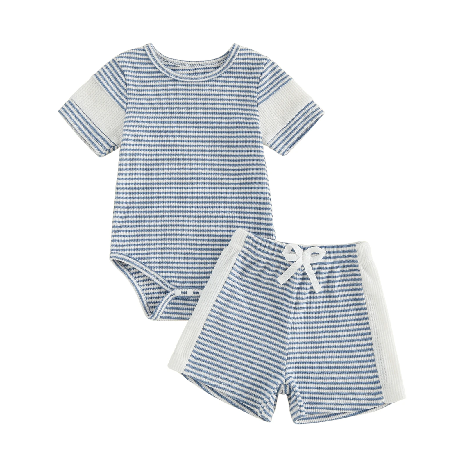 Baby Boys Summer Waffle Outfit Striped Short Sleeve Romper and Elastic Shorts Set 2 Piece Clothes Set