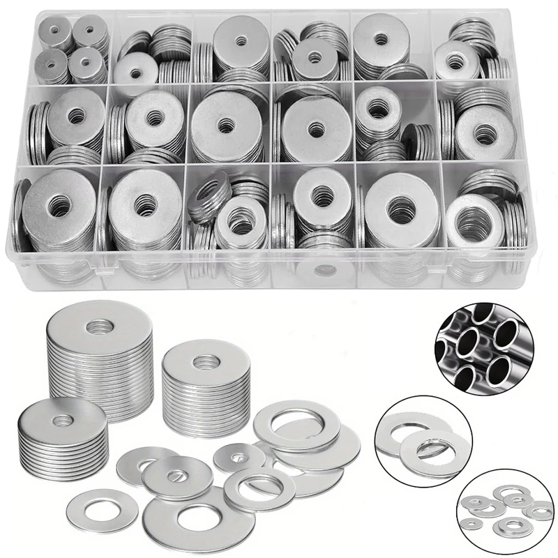 290Pcs M3 M4 M5 M6 M8 M10 M12 Metal Washers Stainless Steel Large Size Washers Wide Washer Assorted Flat Washers Set