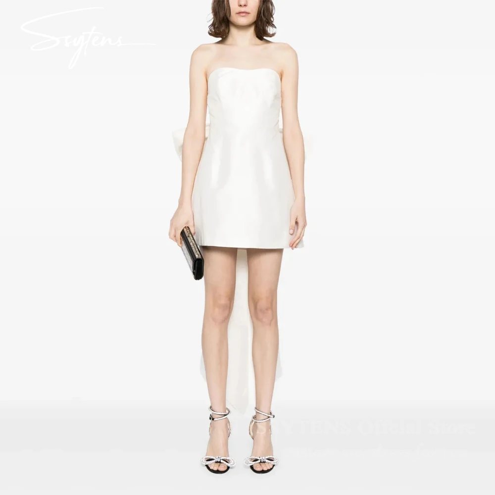 

SSYTENS Simple Short Wedding Dress Strapless Big Bow Back Mini Bride Party Gowns Women Bridal Guest Dresses Vestidos De Novias