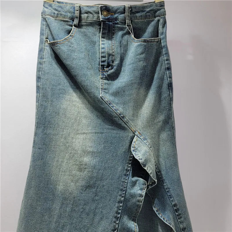 Amerykańska spódnica jeansowa w stylu vintage |   Sukienka letnia 2025, wysoki stan, fason litery A, krój syreny z rozcięciem, wyszczuplająca biodra.