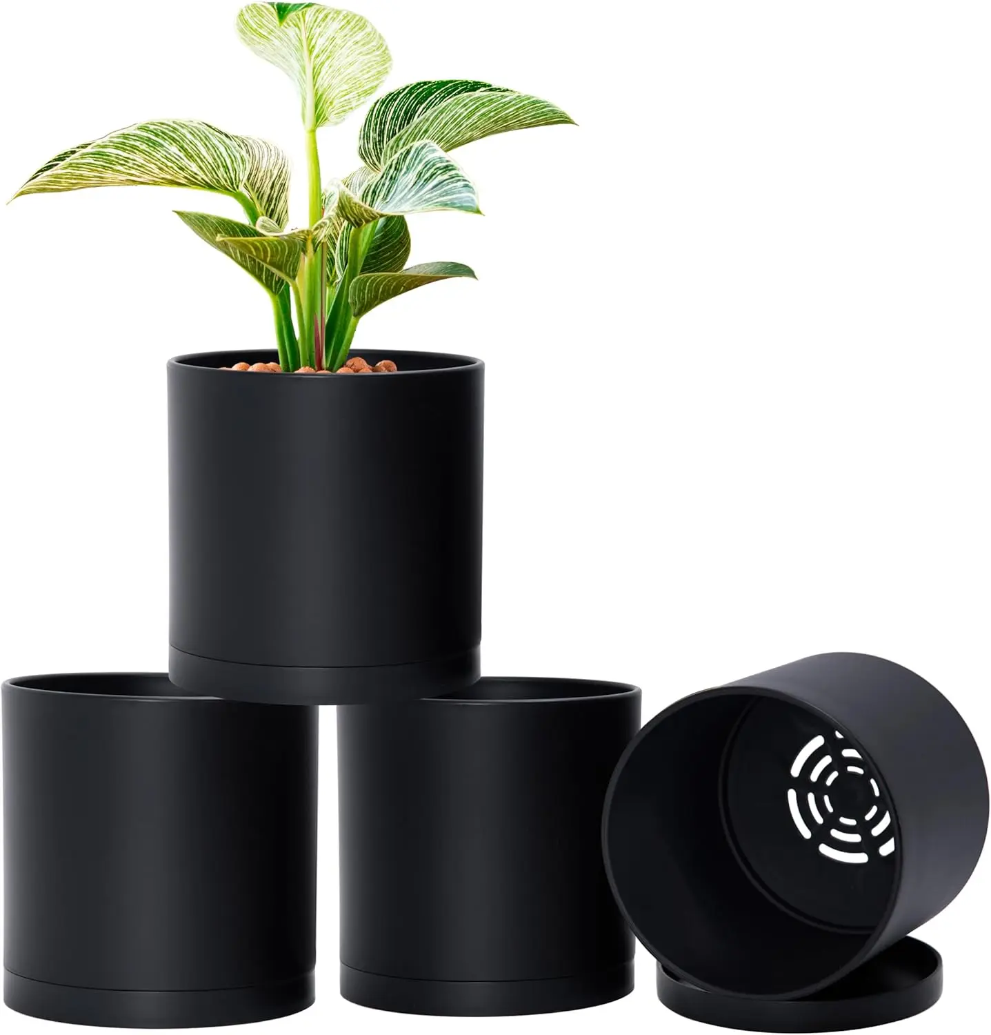 

4 Pack 6 Inch Modern Plastic Plant Pots, Small Garden Planters for Plant with Drainage Holes and Saucers, Black Color, 7