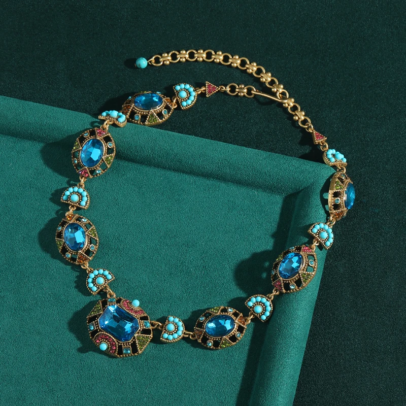 

Vintage Statement Sea Blue Crystal Necklace Square Gold Color Rhinestone Fashion Jewelry For Women Luxury Charms Thanksgiving