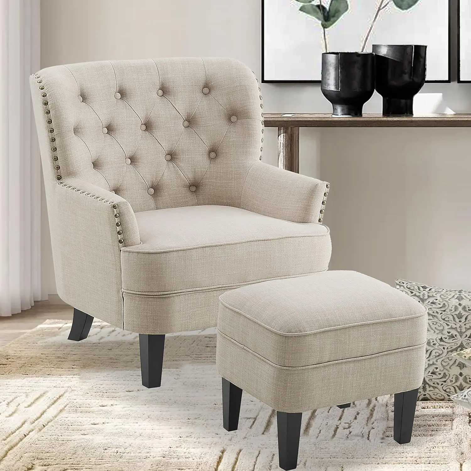 

Комплект: кресло и пуфик - Кресло с пуговичной обивкой для гостиной, спальни, для чтения - в стиле Mid-Century Modern, на заказ