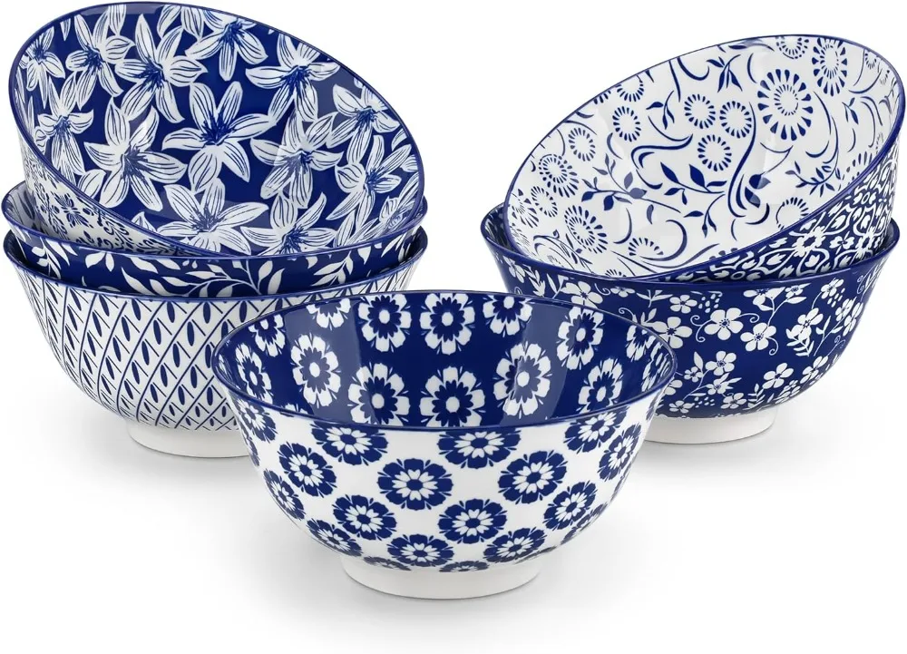 

6.2x3in Ceramic Soup Bowls, 24oz Capacity, Blue White Floral Pattern, Dishwasher Safe