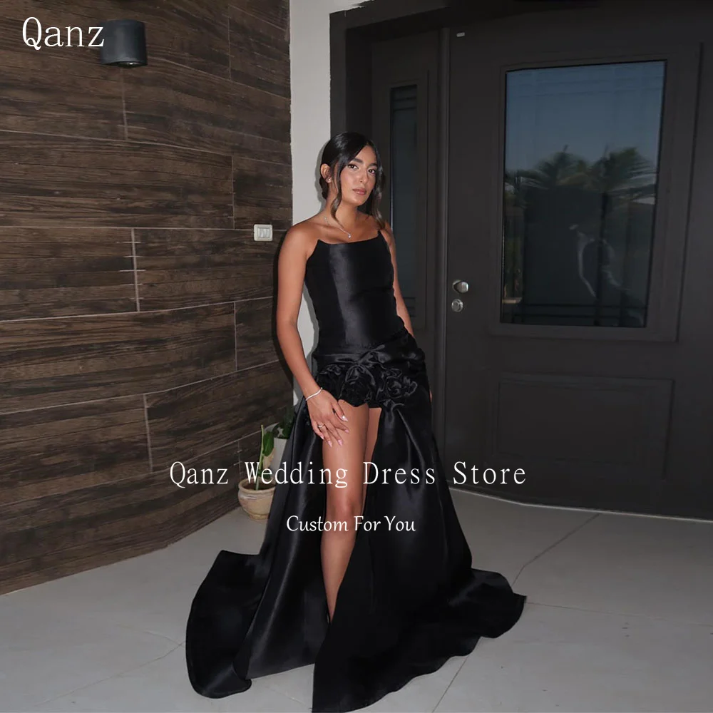 

Qanz Vintage Satin Black Prom Dress Strapless Formal Long Evening Dresses Handmade Flowers Slit Vestidos De Noche Customized