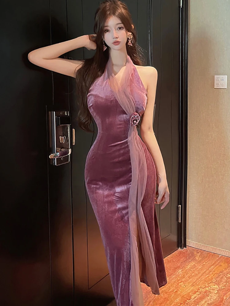 Otoño Invierno vestido de malla de retales de terciopelo rosa mujer elegante vestido Sexy montado en el cuello 2025 vestido de fiesta de lujo Vintage coreano