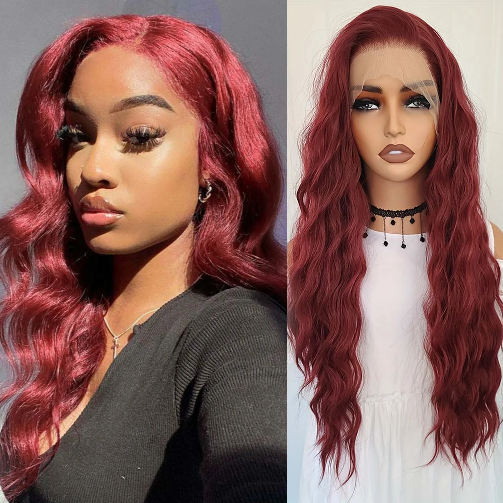 Burgundy Wig Long Curly Synthetic Lace Front Wig Natural Wavy Deep Wave Dark Red Colored Hair 13X4 Frontal Wigs for Women Party