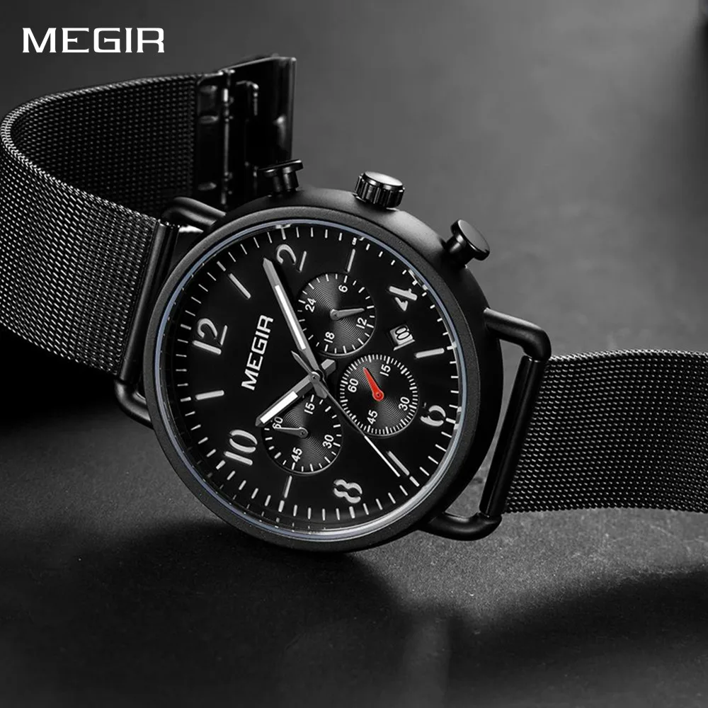 MEGIR Luxury Men's Watches Waterproof Luminous Quartz Wristwatch Steel Mesh Band Leisure Business Men Clock Chronograph Relogio