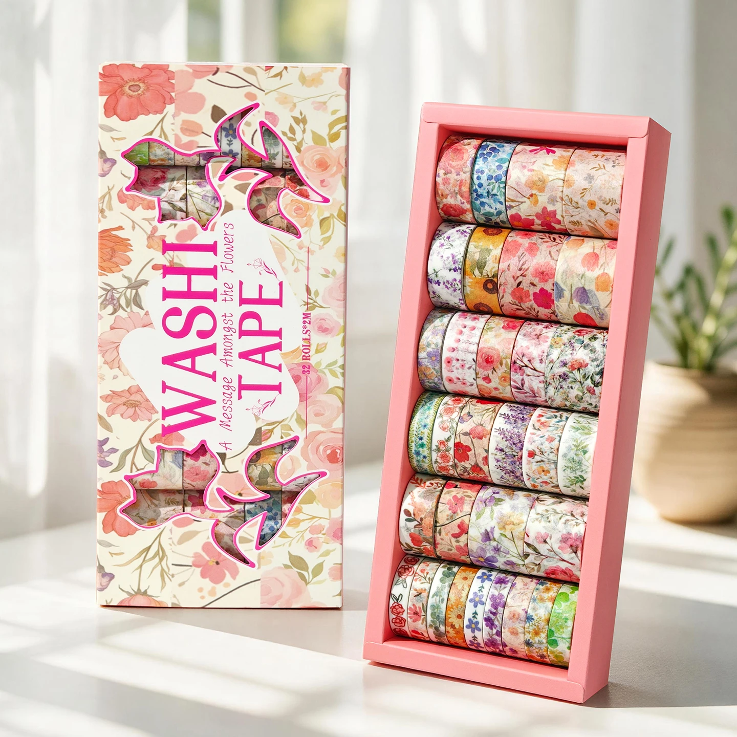 32 Rolls of Floral Washi Tape Set, Fresh Floral Multi-Size Decorative Tape Gift Box, DIY Sticker Border Base Material Collage Stationery Gift