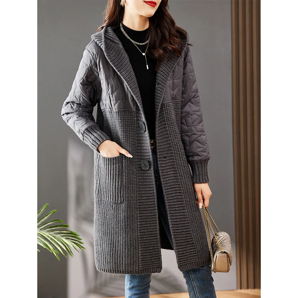 Long Patchwork Thicken Quilted Sweater Jacket For Women Autumn Winter Wool Sweater Coat Female Korean Loose Hooded Knit Cardigan