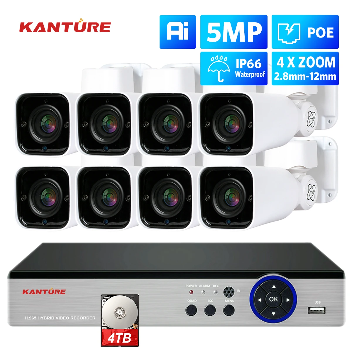 KANTURE H.265+ 8CH 5MP NVR Kit PTZ 4XOptical Zoom IR CUT Security Outdoor Camera System Auto 2.8-12mm lens