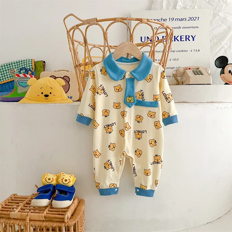 Spring Autumn Newborn Baby Boys Rompers Cartoon Winnie Pooh TUSM Mickey Print Long Sleeve Jumpsuit Cotton Kids Girl Outfit 0-2T