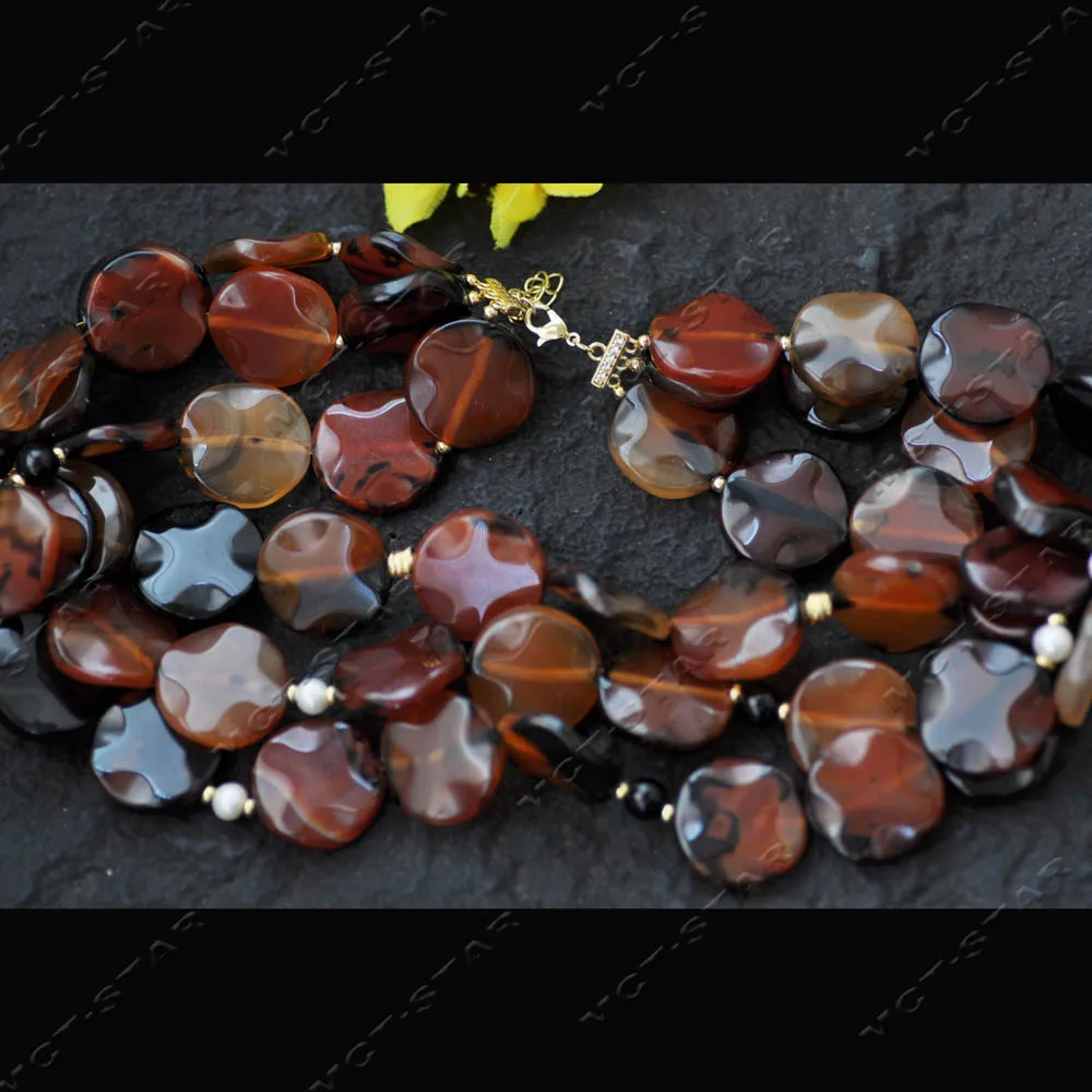 MTC·STAR Natural 3Row 21'' 25mm Red Black Coin Hand Engraving Flower Dream Agate Necklace Earring (Z14588)