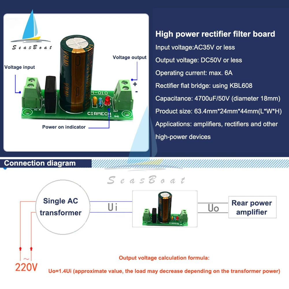 50V 4700uF amplificatore di potenza raddrizzatore filtro scheda di alimentazione circuito di alimentazione singolo AC 35V a DC 50V 6A modulo di alimentazione
