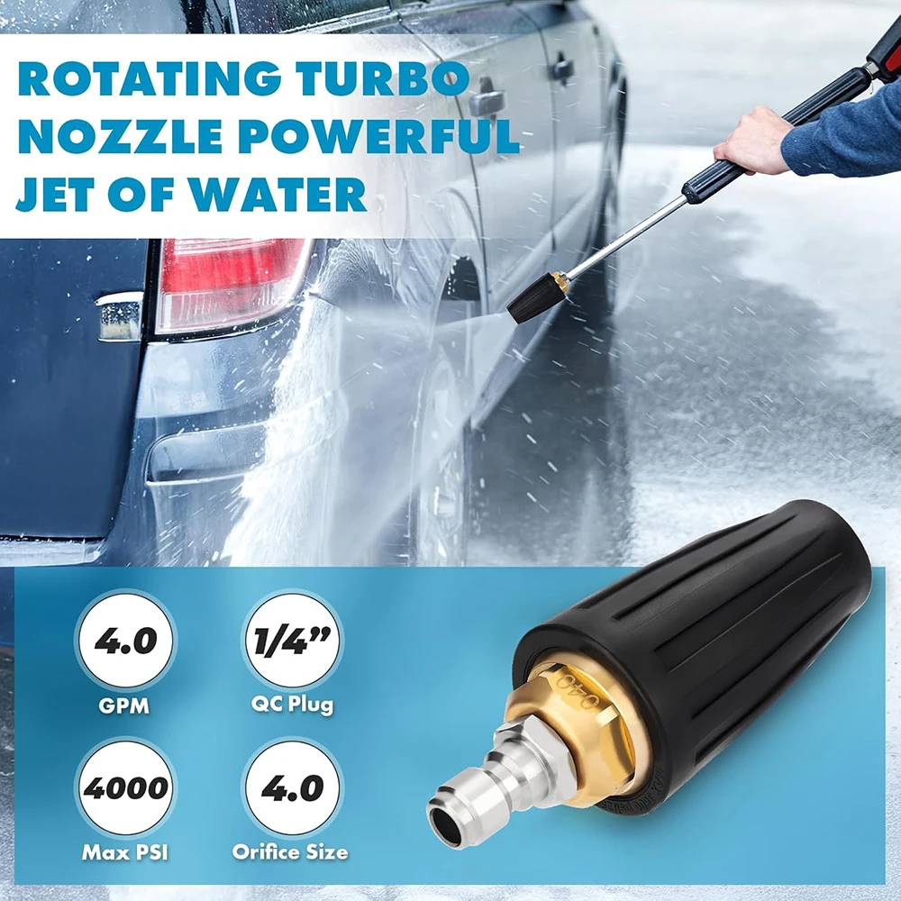 1/4 "ملحق غسالة الضغط في السيارة فوهة دوارة توربو 360 °   توربو دوار 4000 رطل لكل بوصة مربعة من النحاس الصلب + ABS مع 7 فوهات