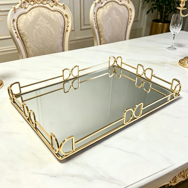 Luxury Gold Mirror Storage Tray Rectangle Glass Metal Jewelry Tray Large Capacity Square Makeup Snack Tray Tea Decoration view 4