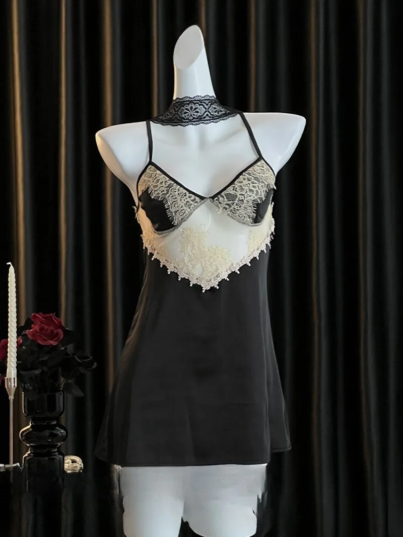 

Lace Cutout Halter Nightgown for Women,Sexy Smooth and Skin-Friendly Sleepwear,Romantic Pure Desire Style,Elegant and Alluring