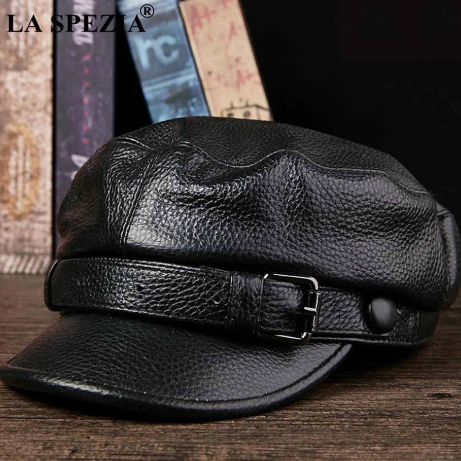 LA SPEZIA 2024 Brand Military Hat Sailor Men Brown Genuine Cow Leather Winter Baker Boy Caps Male Belt Top Quality Captain Hat