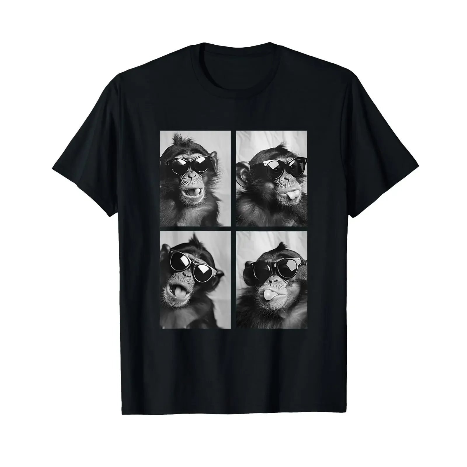 Cute Monkeys Photo Booth with Cool Chimpanzees Sunglasses T Shirt Black S vintage Washed Casual streetwear homme Stretched