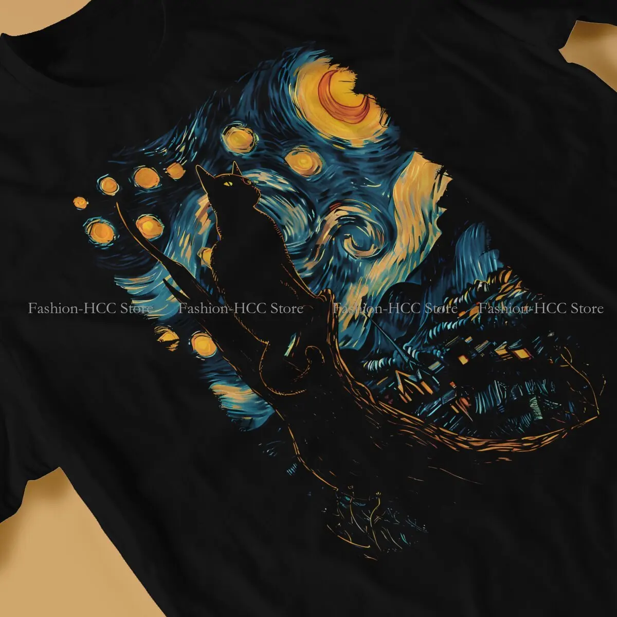 Vincent Van Gogh Starry Night O Neck TShirt Black Cat Fabric Classic T Shirt Men Clothes New Design