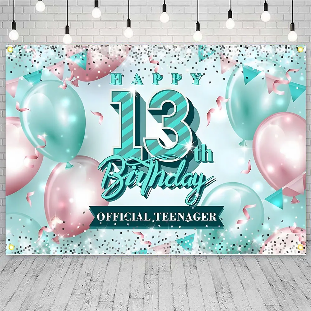 Happy 13th Birthday Party Backdrop Banner Poster 13 Years Old for Girls Boys Black Gold Balloon Official Teenager Background