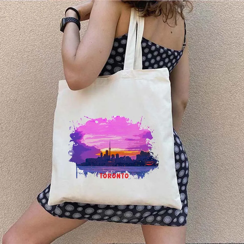 Toronto Canada Vancouver City Sights Watercolor Ink Painting Shoulder Canvas Cotton Tote Bags Reusable Harajuku Shopper Handbags