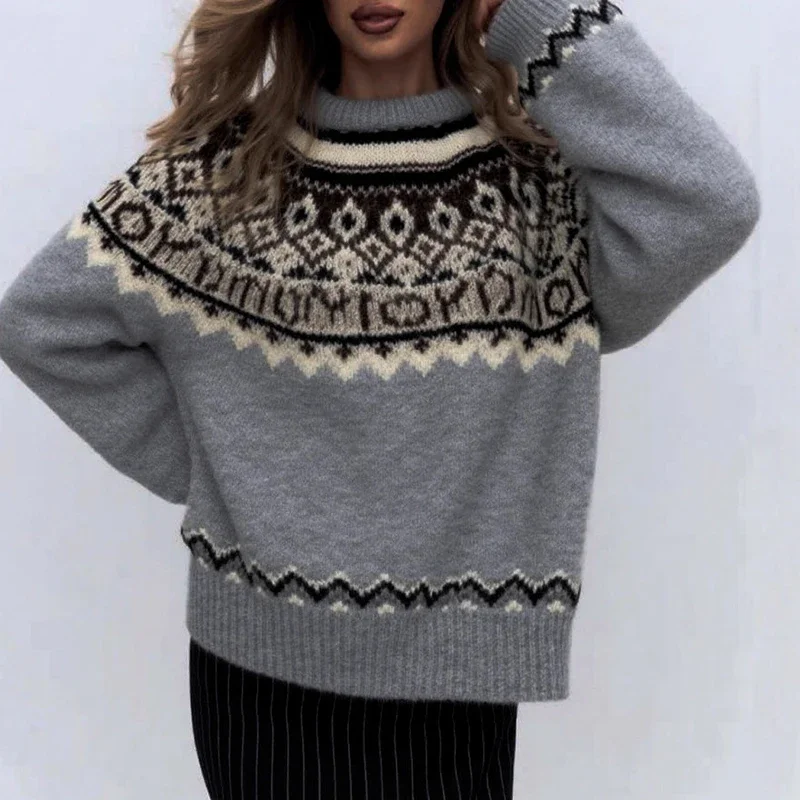 New Autumn Winter O Neck Long Sleeve Knitted Sweater Women Casual Vintage Printed Sweaters For Women Fashion Warm Jumper