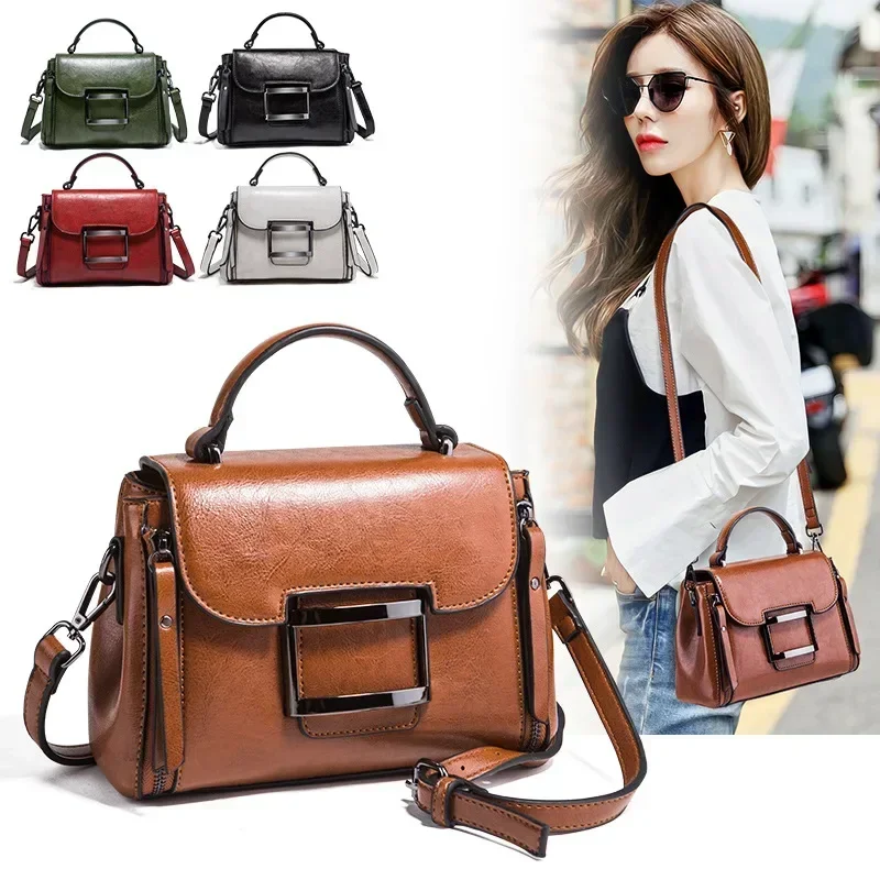 Simple handbag womens spring and summer new Korean version fashion retro oil wax leather crossbody small square bag shoulder bag