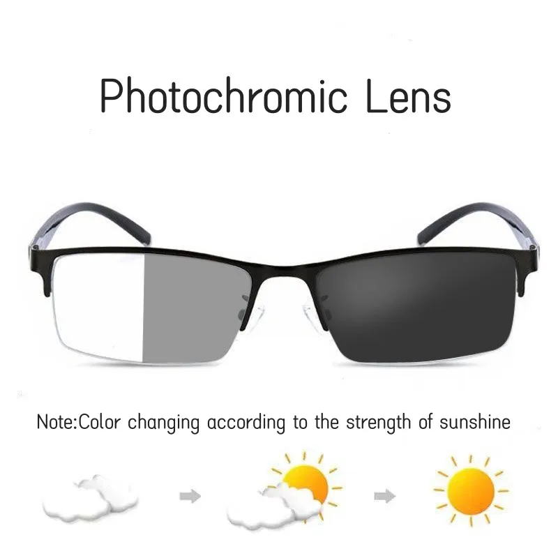 Trendy Business Photochromic Myopia Glasses for Male Men\'s Vintage Half Frame Anti-blue Eyewear Smart Color Changing Sunglasses