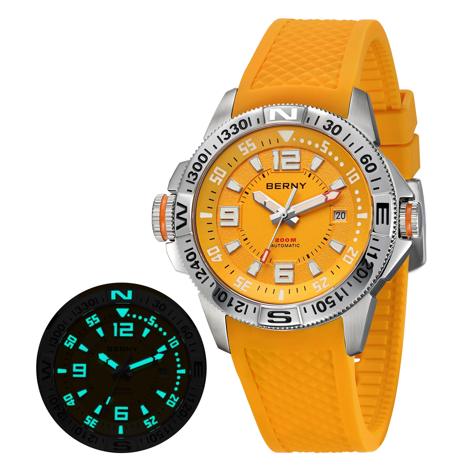 BERNY 20ATM Kompass-Taucheruhr für Herren, Top-Automatikuhr, Superleuchtend, Saphirglas, AR, Luxus, Mode, Outdoor-Sportuhren für Herren