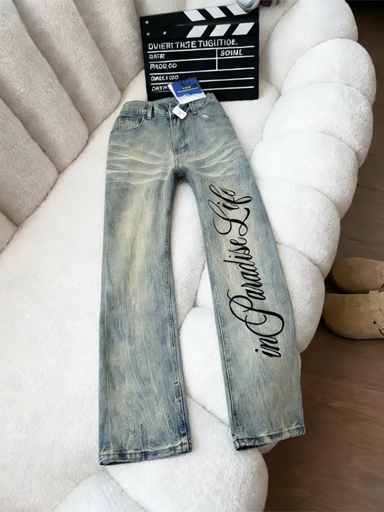 

Мужские джинсы с винтажным принтом и молнией в американском стиле, прямые брюки в стиле хип-хоп, повседневная хлопковая джинсовая ткань