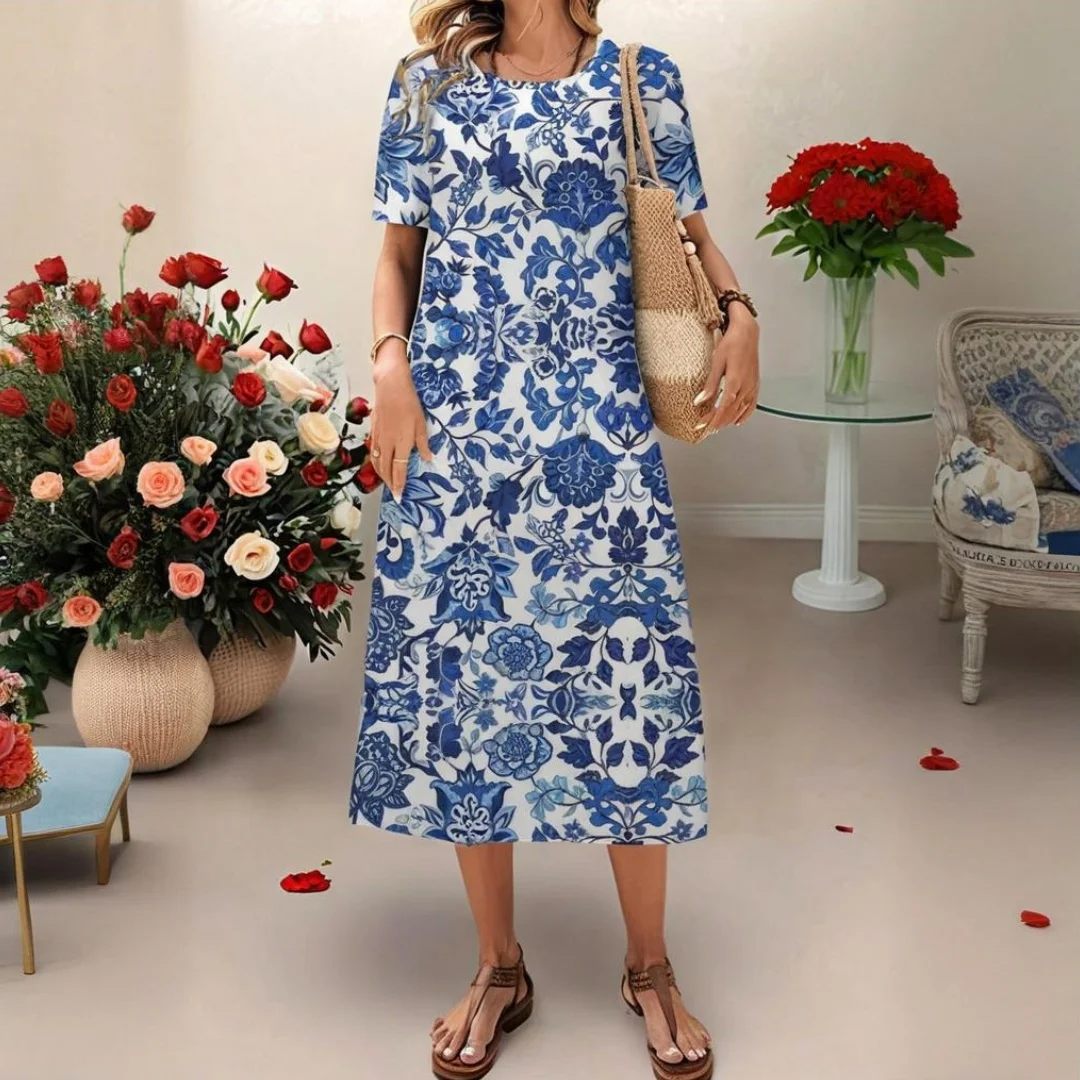 2025, neue Damenkleider, zerkleinerter Blumendruck, elegante ästhetische Midi-Kleider, Sommer, Übergröße, Damenbekleidung